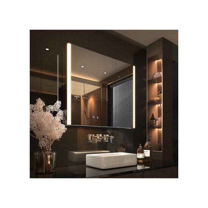 KWW LED Bathroom Mirror Cabinet with Socket & USBs, Defogger, Dimmable, 3 Color Light Makeup Mirror, Easy to Install, Wall Mounted Medicine Cabinet (32 x 28 Inch)