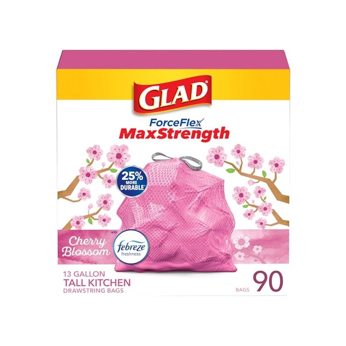 Glad ForceFlex MaxStrength Tall Kitchen Trash Bags, 13 Gal, Cherry Blossom, 90 Ct, Pack May Vary