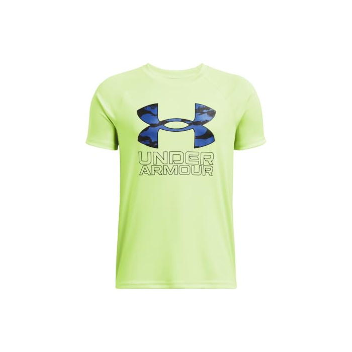 Under Armour Boys Tech Hybrid Print Short Sleeve T Shirt, (304) Morph Green/Morph Green/Tech Blue, Medium