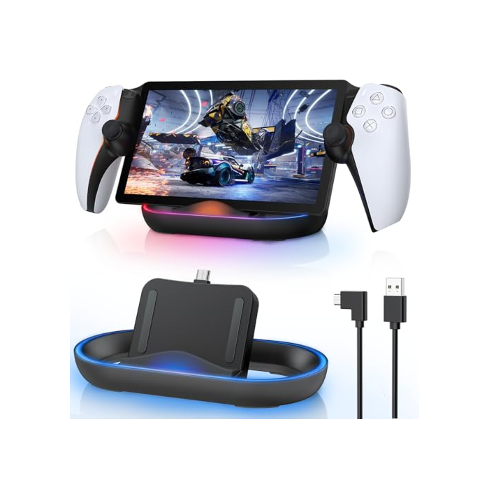 FASTSNAIL Charging Stand for PS Portal Remote Player, Portable Charge Dock Station with 14 RGB Light Modes and Type-C Cable, Charge Base Holder Accessories for PlayStation 5 Portal Console -Black