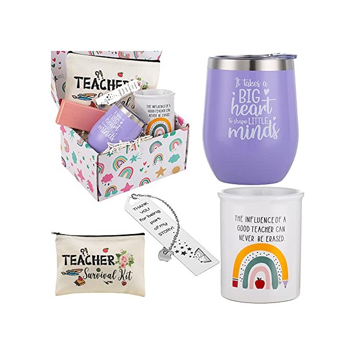 Teacher Appreciation Gift Sets - Teacher Gifts Basket for Women, Back to School Gift, Christmas Gift for Teacher - 12oz Wine Tumbler, Teacher Bookmarks, Ceramic Pen Holder, Teacher Pouch Bag, Purple