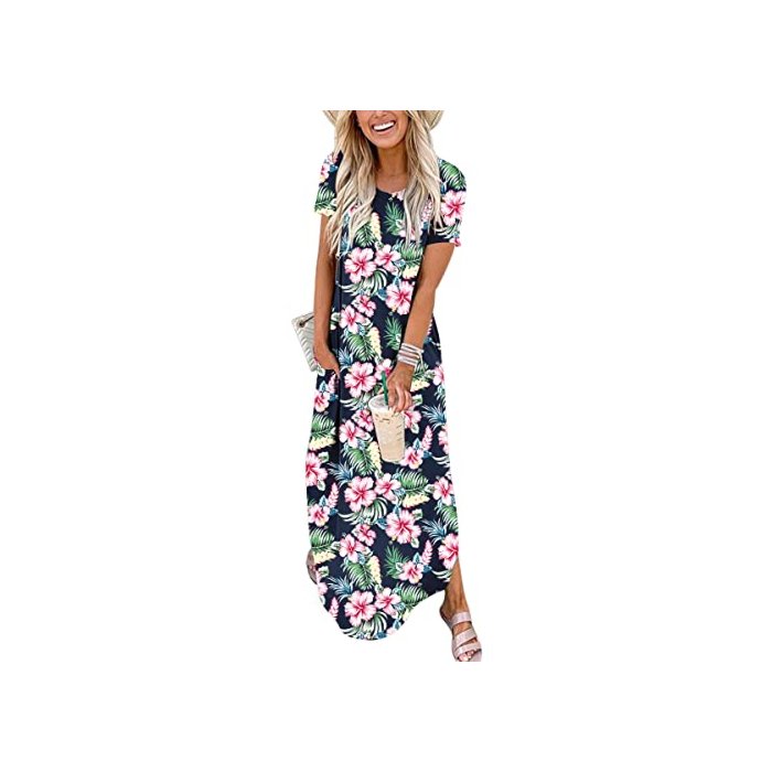 ANRABESS Women's Summer Casual Loose Short Sleeve Long T Shirt Dress Split Maxi Beach Sundress Travel Vacation Outfits Floral Print Large