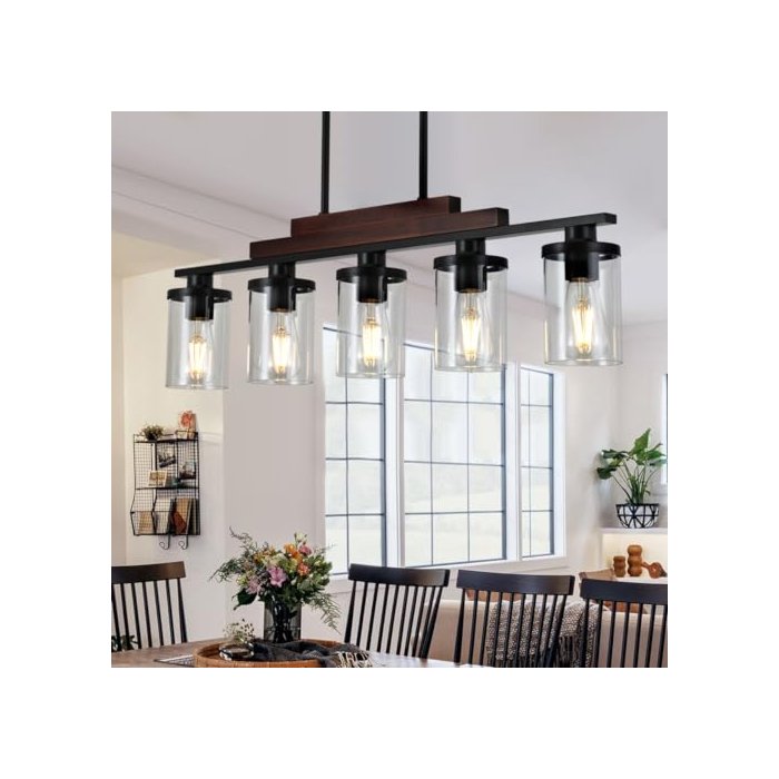 Dining Room Light Fixture/Chandelier Over Table,5-Light Kitchen Island Lighting Hanging for Farmhouse Linear Chandeliers Matte Black Rustic Wood Ceiling Pendant Light Fixtures with Clear Glass Shade