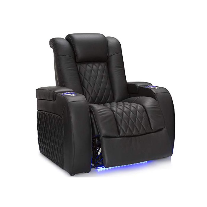 Seatcraft Diamante - Home Theater Seating - Living Room - Power Recline - Top Grain Leather - Powered Headrests - Cupholders - USB Charging - Ambient Lighting - Arm Storage, Single Recliner, Black