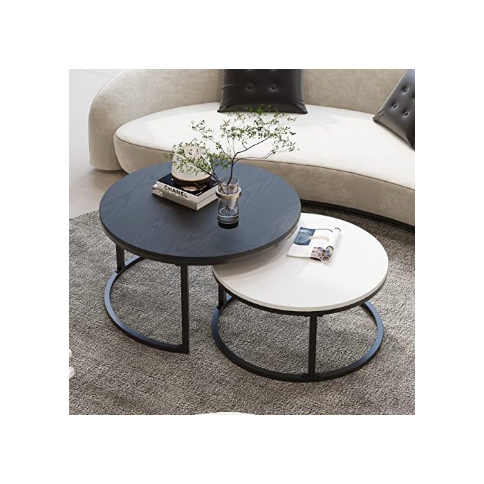 WiberWi Round Coffee Table, Nesting Tables Set of 2, Large : Ø 34.0", Small : Ø 26.0", Modern Design Furniture Side End Table for Living Room, Metal Frame Sofa Table Cocktail Table, Black & White