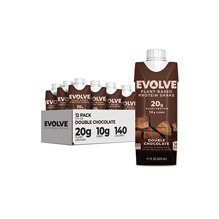 Evolve Plant Based Protein Shake, Double Chocolate, 20g Vegan Protein, Dairy Free, No Artificial Sweeteners, Non-GMO, 10g Fiber, 11 Fl Oz (Pack of 12) - (Formula May Vary)