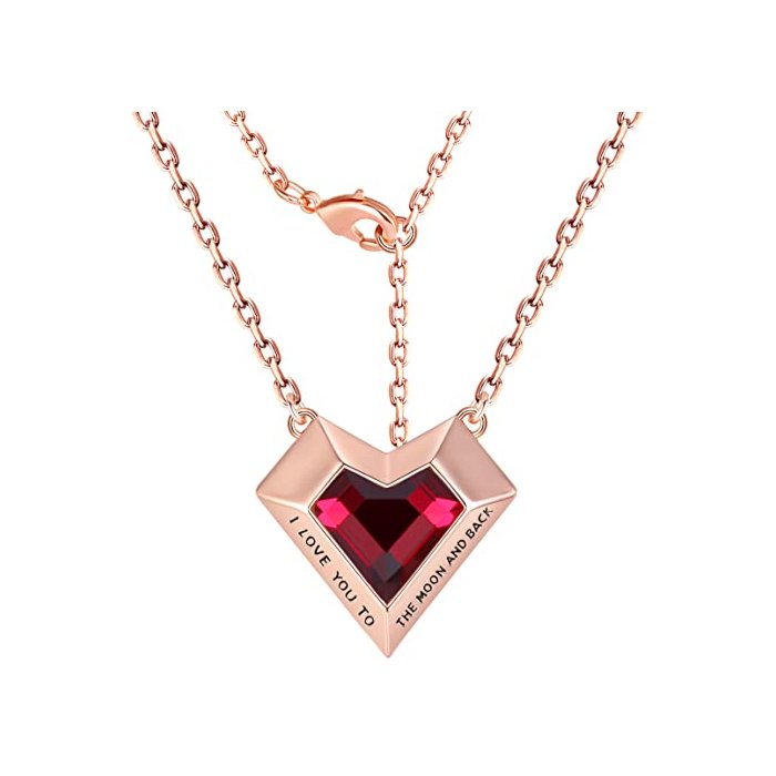 Leafael Ivy Heart Necklaces for Women, 925 Sterling Silver Chain, Garnet Red January Birthstone Crystal Geometric 3D Pendant, Rose Gold Plated, Jewelry Gifts for Her, I Love You to The Moon and Back