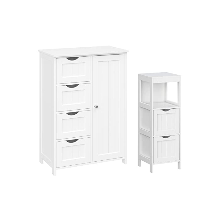 VASAGLE Bathroom Cabinet and Drawer Cabinet Bundle, 2-Door Floor Cabinet, Linen Tower, Open and Closed Storage for Bathroom, White UBBC42WTand UBCB60W