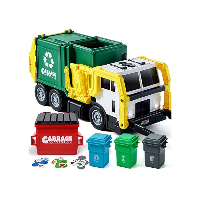 JOYIN Large Friction Powered Garbage Truck Toy Set, Includes Dumpster, Trash Bins, and Learning Cards for Kids