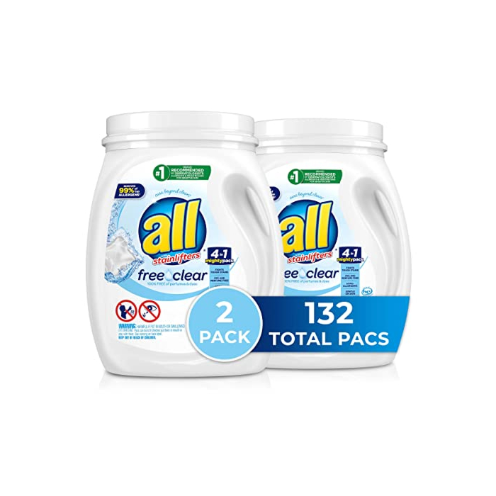 All Mighty Pacs with stainlifters free clear Laundry Detergent, Free Clear for Sensitive Skin, 66 Count - (Pack of 2)