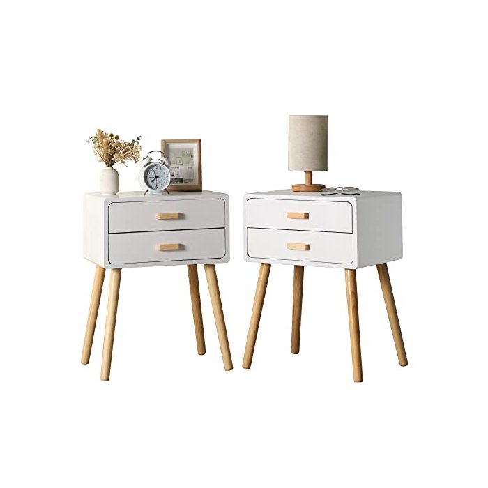 Set of 2 Nightstand End Table, Mid-Century Modern Wood Storage Bedside Table with 2 Drawers, Boho Nightstand Furniture Suitable for Bedroom(White)