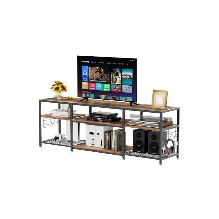 VECELO 70" TV Stand for 65/70/75 Inch Television, Entertainment Center with Storage Shelves & Hooks, 3-Tier Modern Wooden Console Table for Living, Bedroom and Gaming Room, 70 Inch, Retro Brown