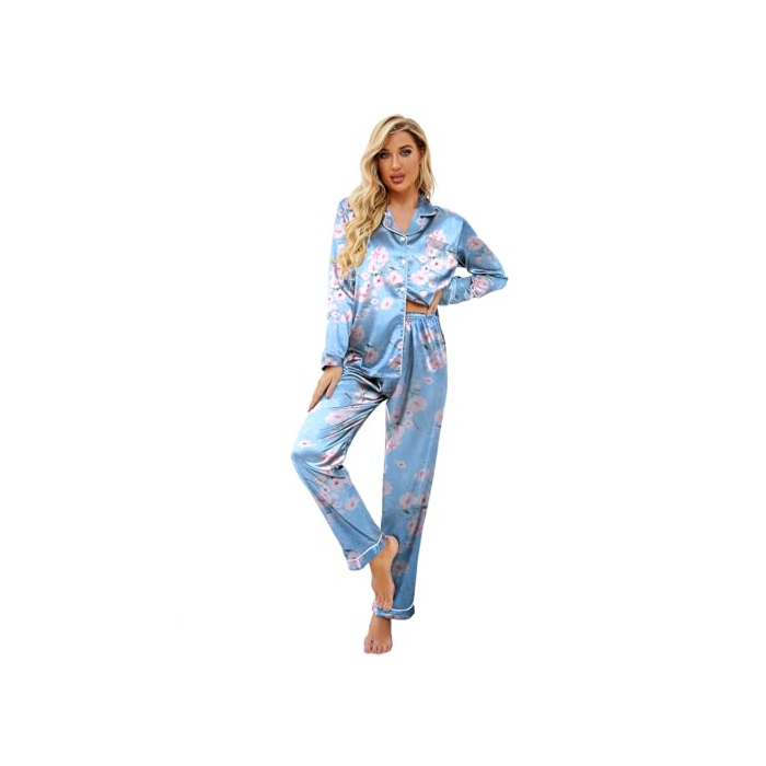 Ekouaer Women's Classic Button Down Long Satin Silk Pajama Set,Large,Blue Floral