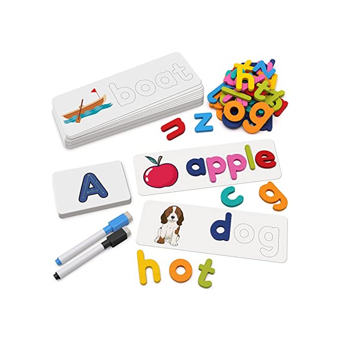 Coogam Reading & Spelling Learning Toy, Wooden Letters Flash Cards Sight Words Matching ABC Alphabet Recognition Game Preschool Educational Tool Set for 3 4 5 Years Old Boys and Girls Kids