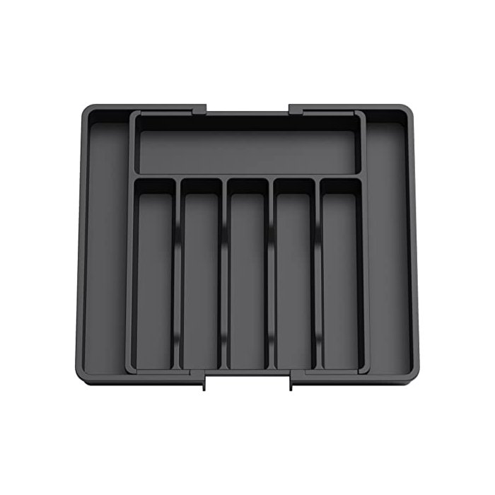 Expandable silverware organizer fits various drawer sizes & utensils.