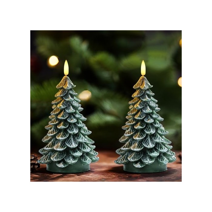 Homemory Christmas Tree Candles with 6 Hours Timer, 2 Pcs Waxy LED Flameless Candles Flickering, Green Electric Candles Battery Operated for New Year Celebration Holiday Decorations 8.5 Inches